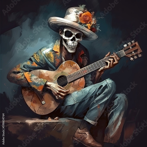The day of the Dead. Male character in a skeleton costume with a musical instrument in a sombrero hat and make-up. Digital art. Generative AI.