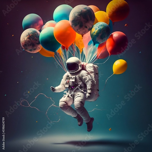 Fotografia Astronaut Floating with Colorful Balloons in Space. Generative ai
