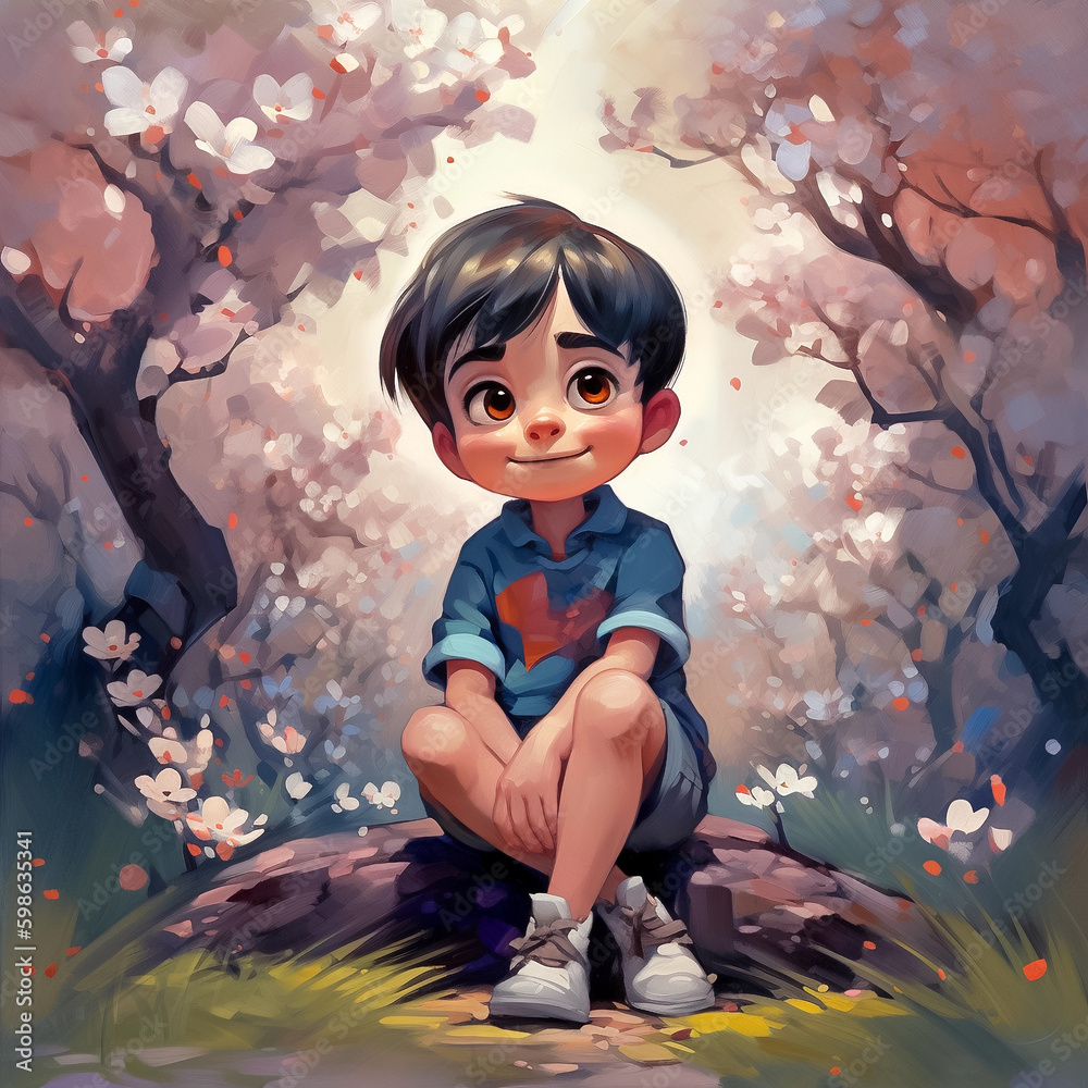 Cute little cartoon boy sitting on the stone in a blooming garden ...