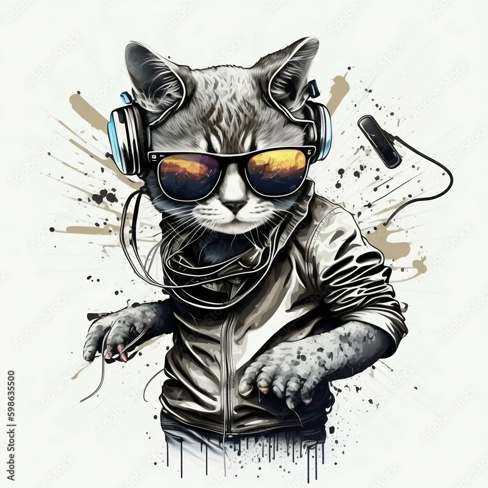 Cat DJ in Sunglasses Isolated on White Background. Generative ai