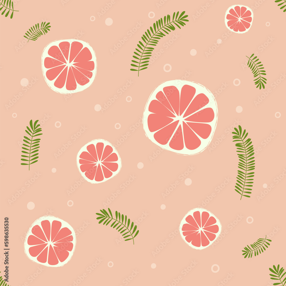 Grapefruit rosemary pattern. Summer fruits textured. Hand drawn organic vector illustration