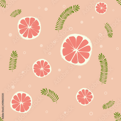 Grapefruit rosemary pattern. Summer fruits textured. Hand drawn organic vector illustration