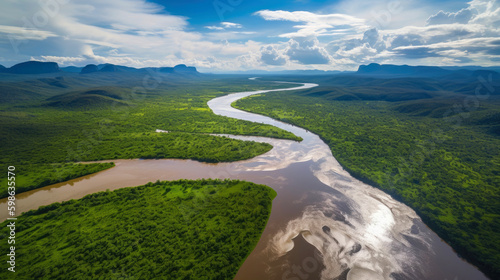 Aerial view of Rio Churun River flowing amidst Amazon rainforest. Venezuela. Generative AI photo