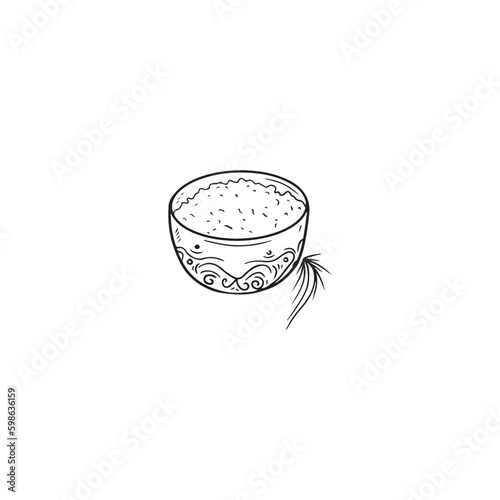 Tasty delicicous soup borshch in bowl with rosemary brach and national ornament in black isolated on white background. Hand drawn vector sketch illustration in doodle engraved vintage style.