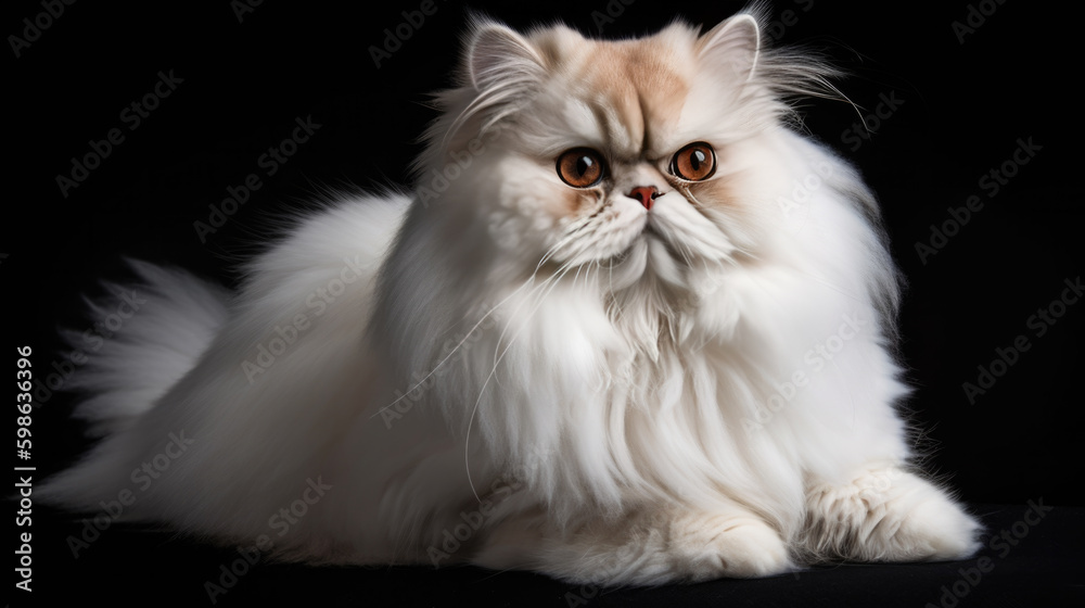 Fototapeta premium A beautiful white Persian cat with orange eyes isolated on black background. Generative AI