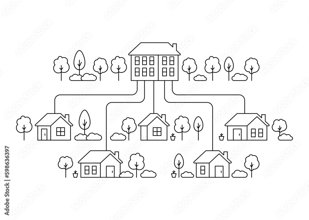 Neighborhood house, line art. Street building, real estate architecture, apartment. Exterior home in country city landscape. Vector