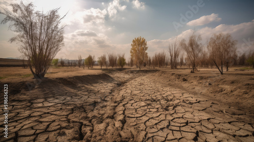 dry earth in a desert landscape. drought, drought. climate catastrophe. Generative AI
