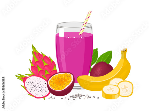 Tropical smoothie with banana, passion fruit, pitaya and Chia seeds. Vector cartoon illustration of superfood.