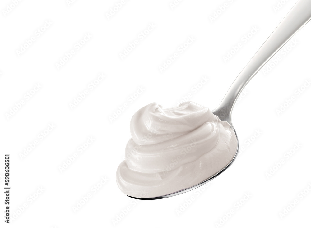 Yogurt on spoon, isolated on white background