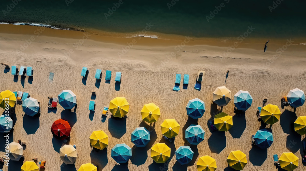 aerial view on a beach with turquoise sea and many umbrellas on land. summer vacation concept. Generative AI aerial view on a beach with turquoise sea and many umbrellas on land. summer vacation concept. Generative AI