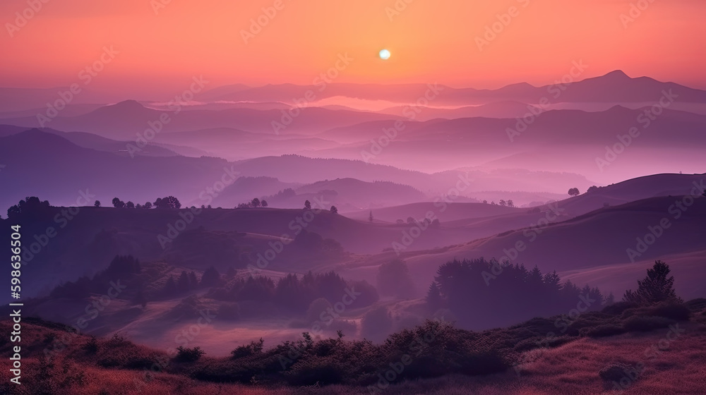Obraz premium sunrise in the mountains with fog. calm mood. Generative AI