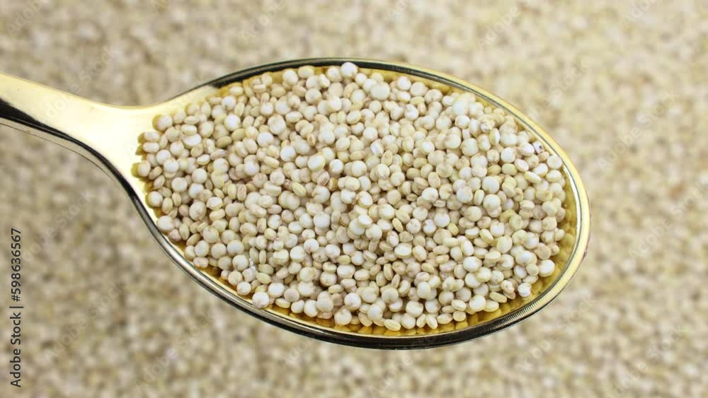 Top view of white quinoa uncooked seeds in spoon with circle rotation close up Top view of white quinoa uncooked seeds in spoon with circle rotation close up