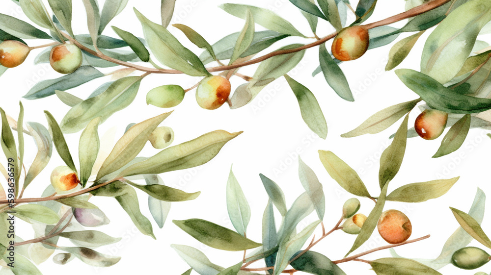 Watercolor argan seeds and oil background. Argana nuts and branches