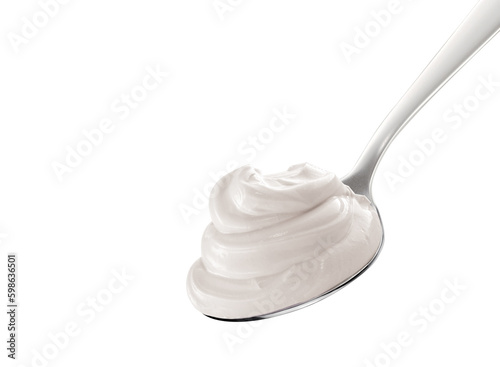 Yogurt on spoon  isolated on white background