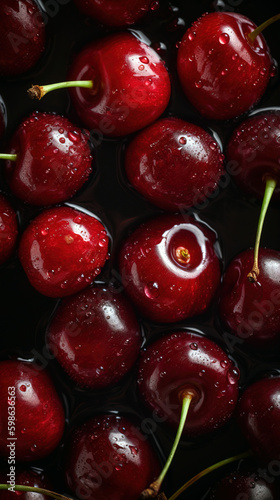 Fresh tasty cherries in water drops on dark background. Pro studio shot. Digitally generated AI image