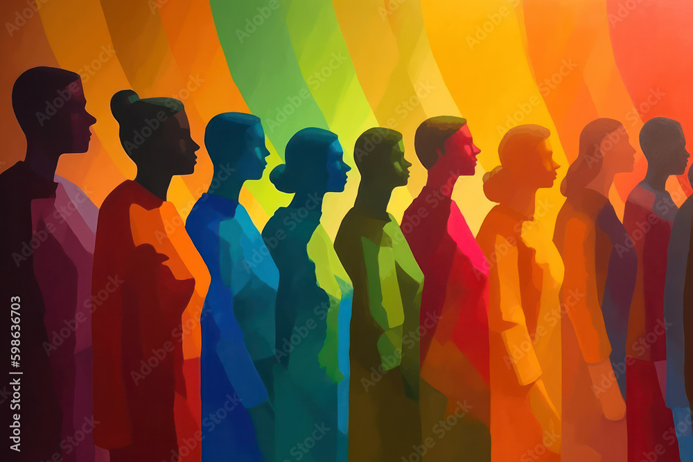 color silhouettes profiles of people. image on a rainbow background, diversity concept. Generative AI Generative AI