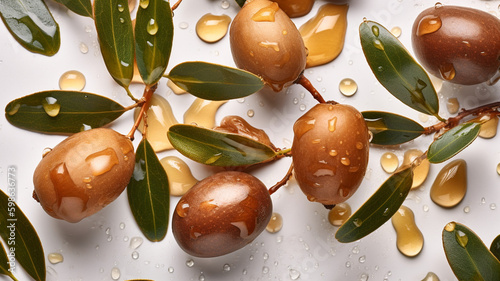 Argan seeds and oil background. Argana nuts and branches created with generative ai tools Generative AI photo