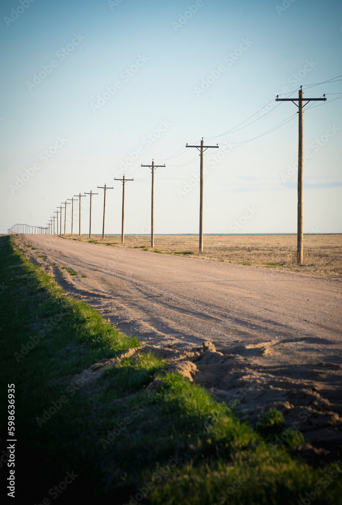 long country dirt road with phone poles