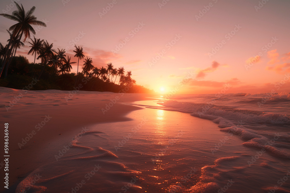 Closeup sea sand beach. Tropical beach seascape horizon with orange and golden sunset sky calmness tranquil relaxing sunlight summer mood. Vacation travel holiday background. Generative ai edited