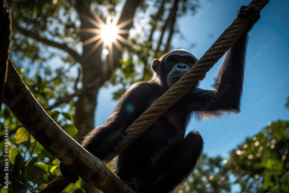 Playful Bonobo in the Canopy. Enchanting image of a bonobo swinging through a sun-kissed canopy against a backdrop of a blue sky. Wildlife concept AI Generative - obrazy, fototapety, plakaty 