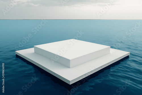 White square podium in blue ocean water surface background. Generative ai edited
