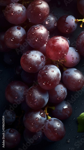 Fresh tasty grapes in water drops on dark background. Pro studio shot. Digitally generated AI image