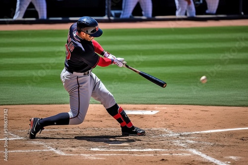 Baseball Player Striking Ball, Moment of Impact, Intense Action, Generative AI
