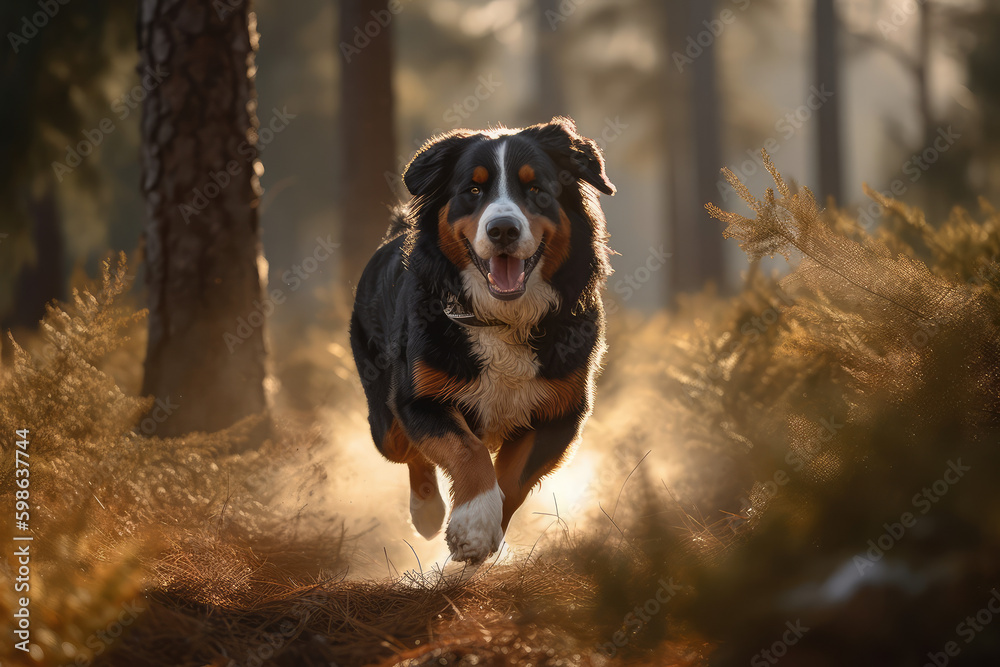 Majestic Dog Adventure. Bernese Mountain Dog running through a sun-kissed forest. Nature concept AI Generative