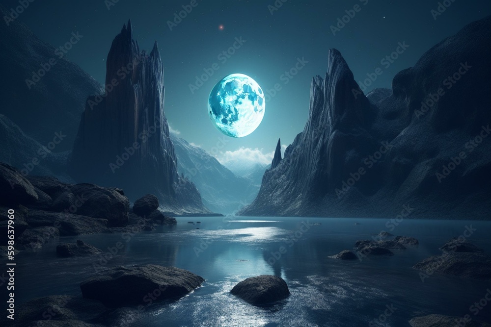 A cliff falls against a backdrop of mountains and waterfalls in the moonlight, glowing with a fantastical blue hue. Generative AI