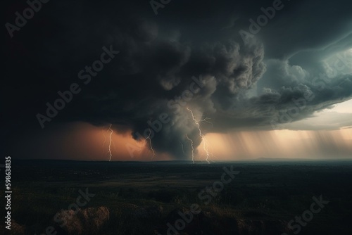 Dark rain cloud with lightning, against a dramatic thunder storm background. Generative AI