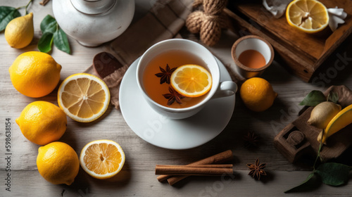 thé citron cannelle dans une tasse sur une table en bois, bâton de cannelle, anis étoilé, badiane photo