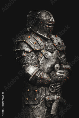 Statue of medieval knight in metal armor with a sword, isolated on dark black background