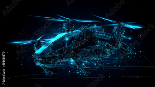 Futuristic helicopter concept in neon colors, virtual metaverse technology world, fantasy, science fiction, future transportation. Generative AI. 