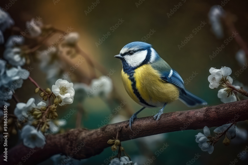 Fototapeta premium Bluetit_sitting_on_the_flower_fence_spring_background 