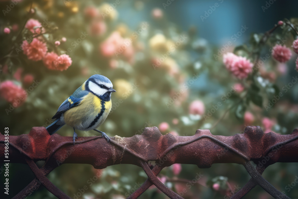 Obraz premium Bluetit_sitting_on_the_flower_fence_spring_background 