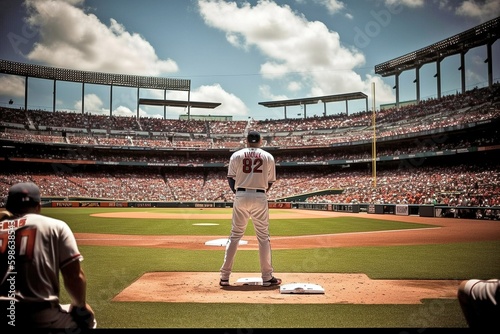 Baseball Player on Field, Stadium Crowd Watching, Exciting Game, a focused baseball player stands on the field with the bustling stadium crowd behind him.