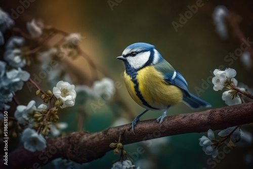 Bluetit_sitting_on_the_flower_fence_spring_background 