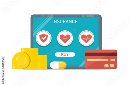 Buying personal insurance online, Tablet with credit card, gold coin on isolated background, Digital marketing illustration.