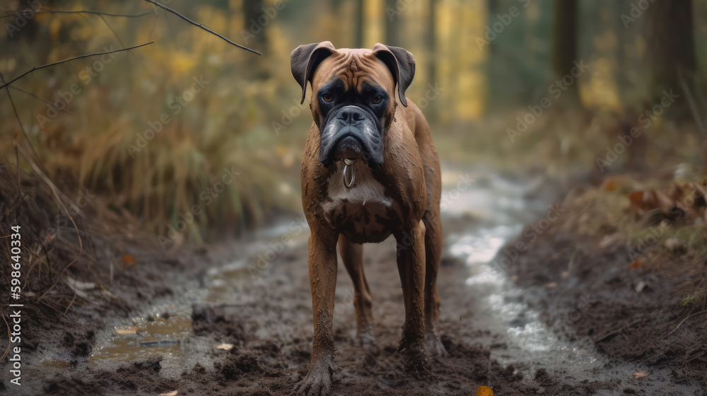 Boxer dog enjoying the beauty of autumn nature, with muddy paws and a dirty coat. Pet concept AI Generative Boxer dog enjoying the beauty of autumn nature, with muddy paws and a dirty coat. Pet concept AI Generative