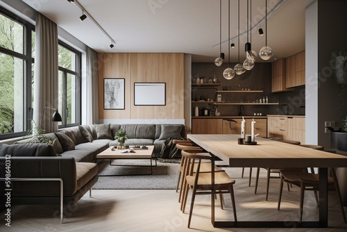 Contemporary apartment interior with open-plan living and dining room. 3D visualisation. Generative AI