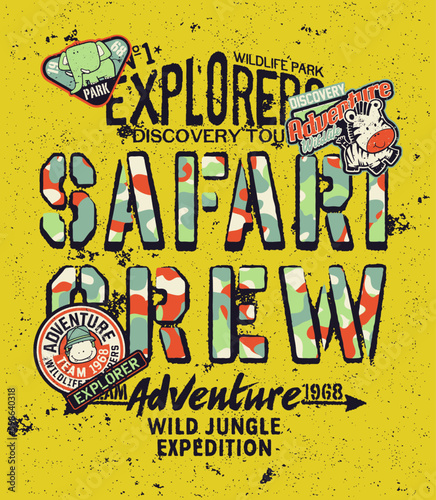 Kids discovery team safari adventure cute grunge vector print for children wear with applique embroidery patches 