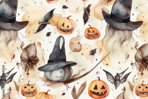 Seamless Halloween pattern with watercolor cartoon witch elements: broom, rag doll, skull, bat. Generative AI