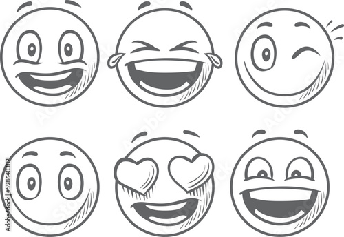 Fototapeta Naklejka Na Ścianę i Meble -  Black and White emoji set, Doodle Emoji face icon set. Hand drawn sketch style. Emoji with different emotion mood, happy, sad, smile face. EPS 10