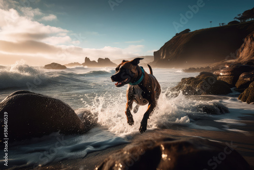 Energetic Boxer in Motion. Thrilling photo of a Boxer dog running through a sun-kissed natural scenery. Pet concept AI Generative