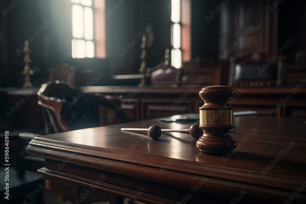 Gavel on desk in courtroom signifies justice served. Generative AI