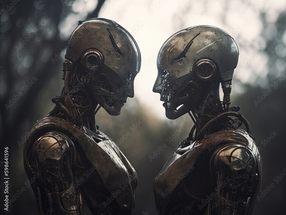 The future. Humanoid robots in love. Created with Generative AI technology. The future. Humanoid robots in love. Created with Generative AI technology.