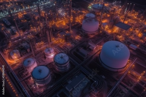 Twilight aerial shot of chemical plant with oil and gas tanks. Generative AI