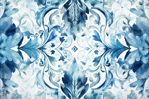Seamless square pattern with blue watercolor ornaments. Generative AI © Jaxson