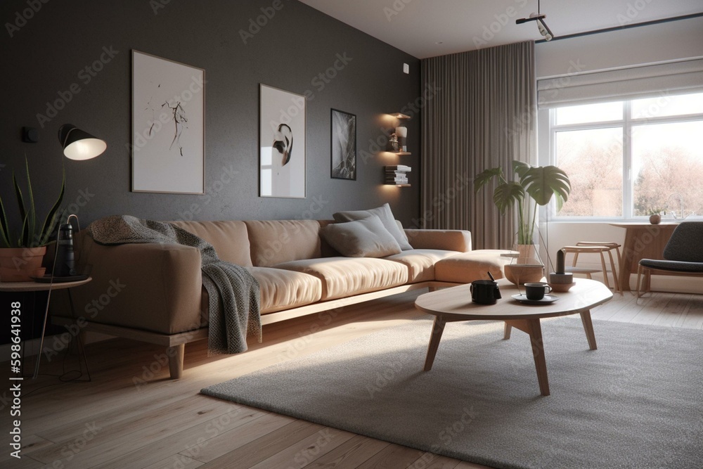 3D visualization of a Scandinavian-style interior featuring a sofa. Generative AI