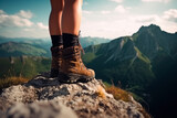 Female legs with leather ankle shoes on mountain peak during trekking outdoors. AI generated.